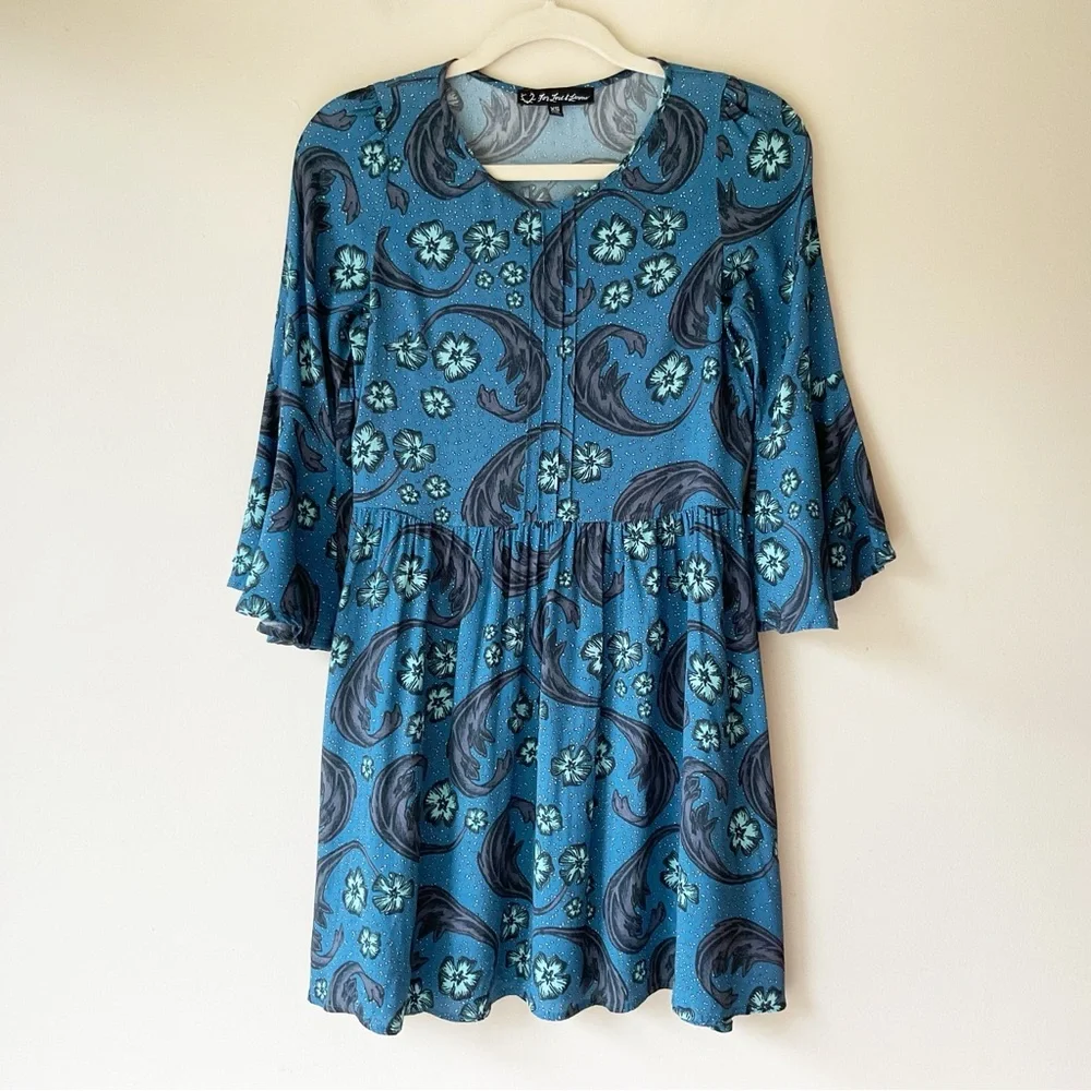For Love & Lemons Bell Sleeve Blue Floral Motif
Mini Dress Size XS - Picture 3 of 9